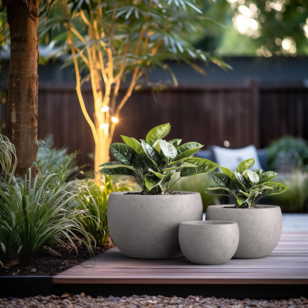 Kante Set of 3 CON Gray Concrete Bowl Planters 19.9" 15.7" 11.8" Dia | Drainage for Outdoor, Rubber Plug for Indoor