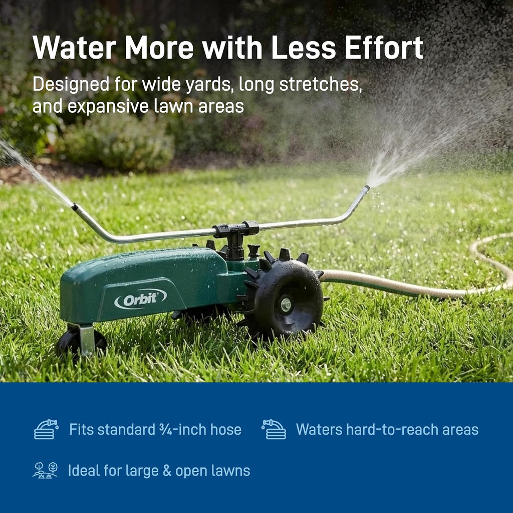 Orbit Traveling Tractor Water Sprinkler - Self-Propelled Traveling Sprinkler for Wide Lawn Coverage - Cast-Iron Body