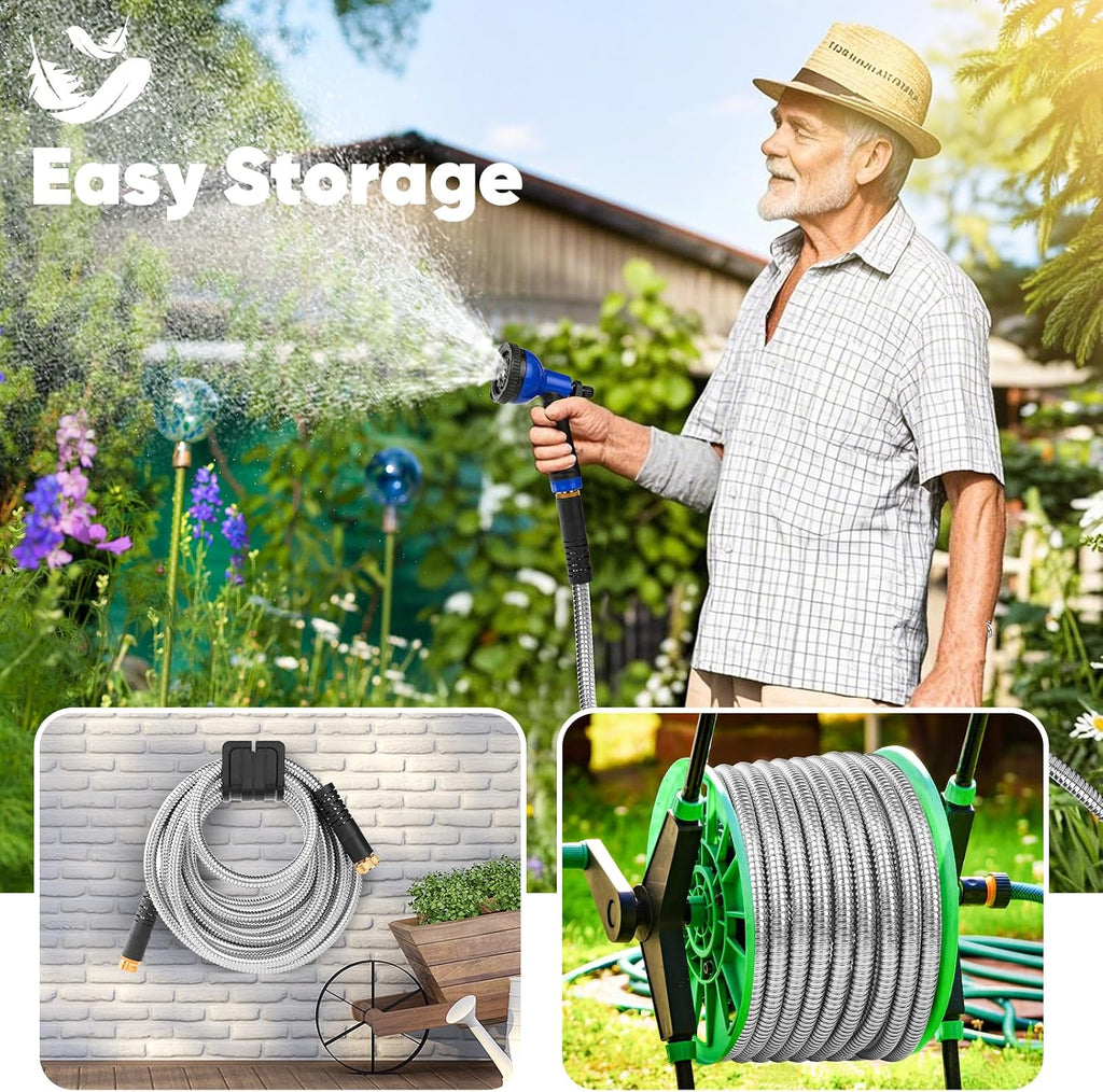 Garden Hose 50ft, Stainless Steel Metal Hose with 10 Function Nozzles | Flexible Water Hose , Kink Free