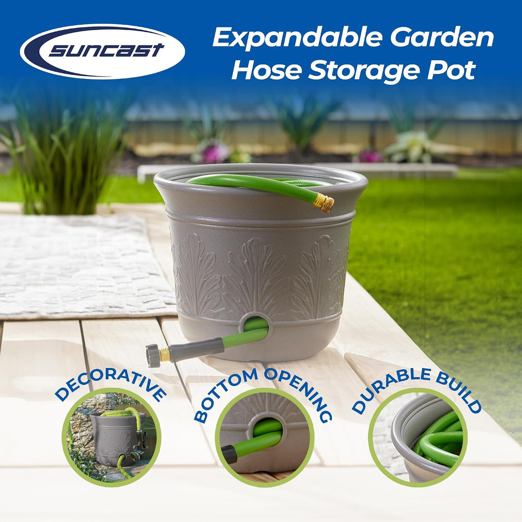 Suncast 300 Foot Heavy Duty 5 Gallon Decorative Plastic Hose Pot for Expandable and Lightweight Hoses, Ideal for