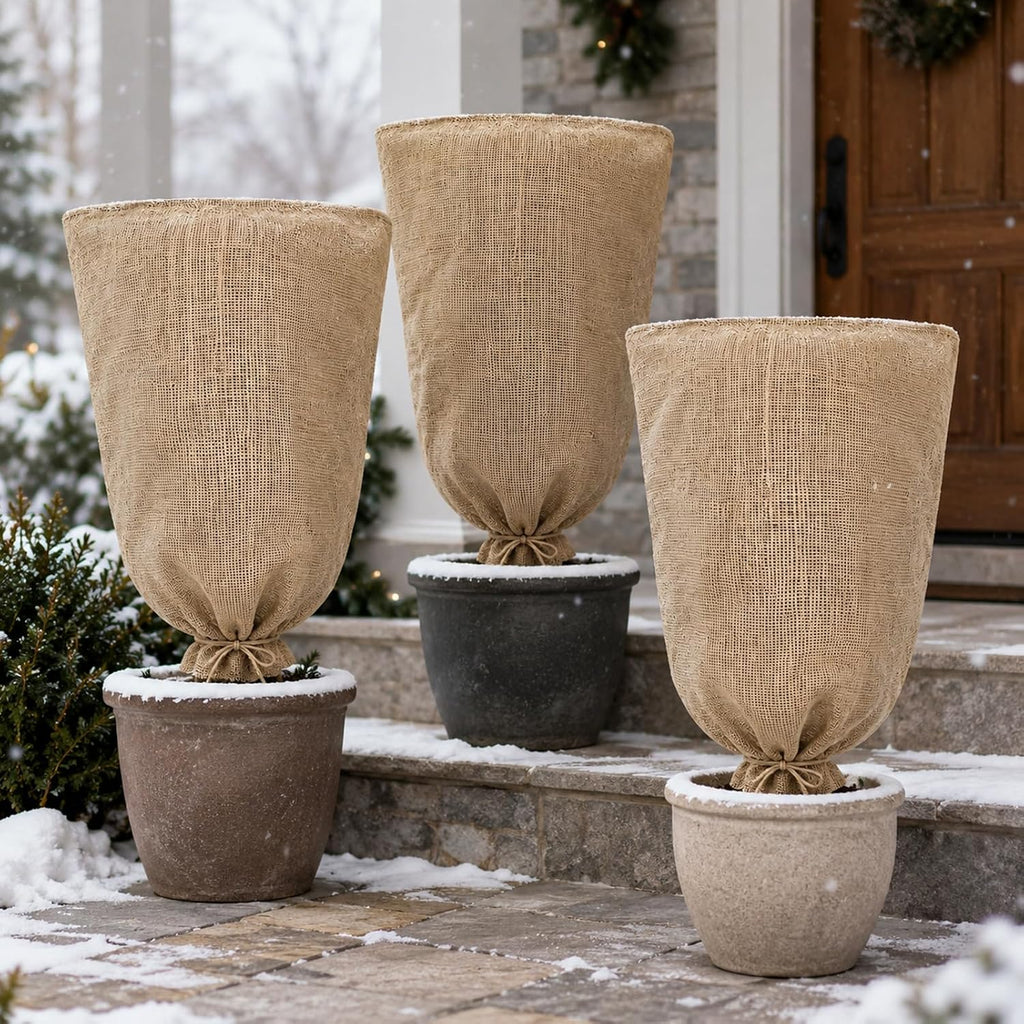 3 Pack 24'' x 40'' Reusable Warm Burlap Winter Plant Cover Bags with Drawstring Burlap Plant Covers Freeze Protection