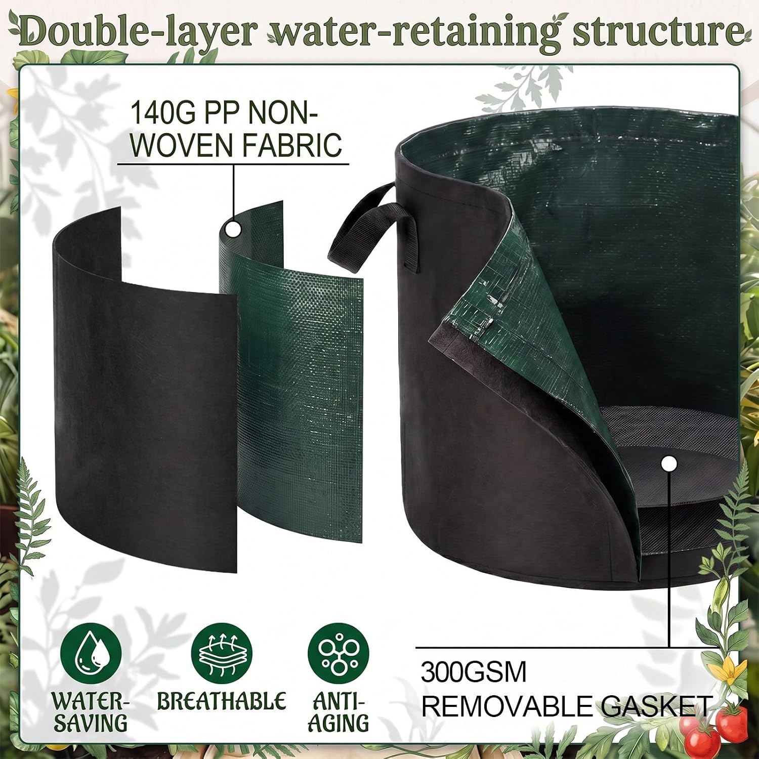 Gilprop [Upgraded Double Layer Grow Bags with Water-Resistant Lining (3x5Gal + 2x7Gal) Fabric Pots with Removable