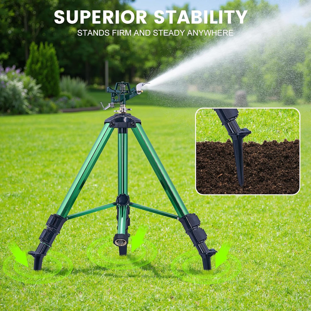 Sprinklers for Yard, Up to 50% Larger Watering Coverage, 2026 Heavy-Duty Impact Lawn Sprinkler on Spike Tripod Base