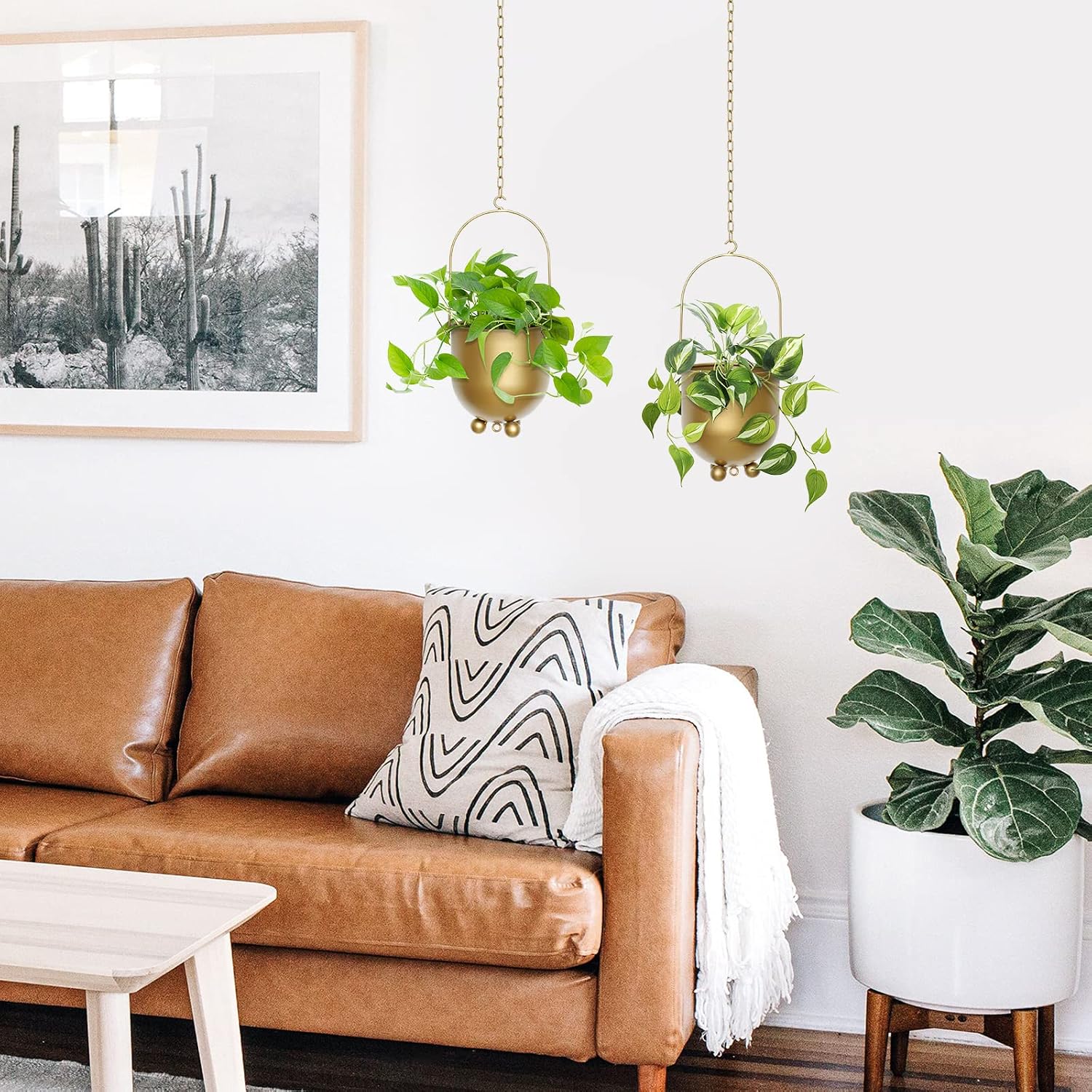 AceList Boho Gold Metal Hanging Planters, Set of 2 with Hooks & Chains - Versatile Wall & Ceiling Plant Hangers for