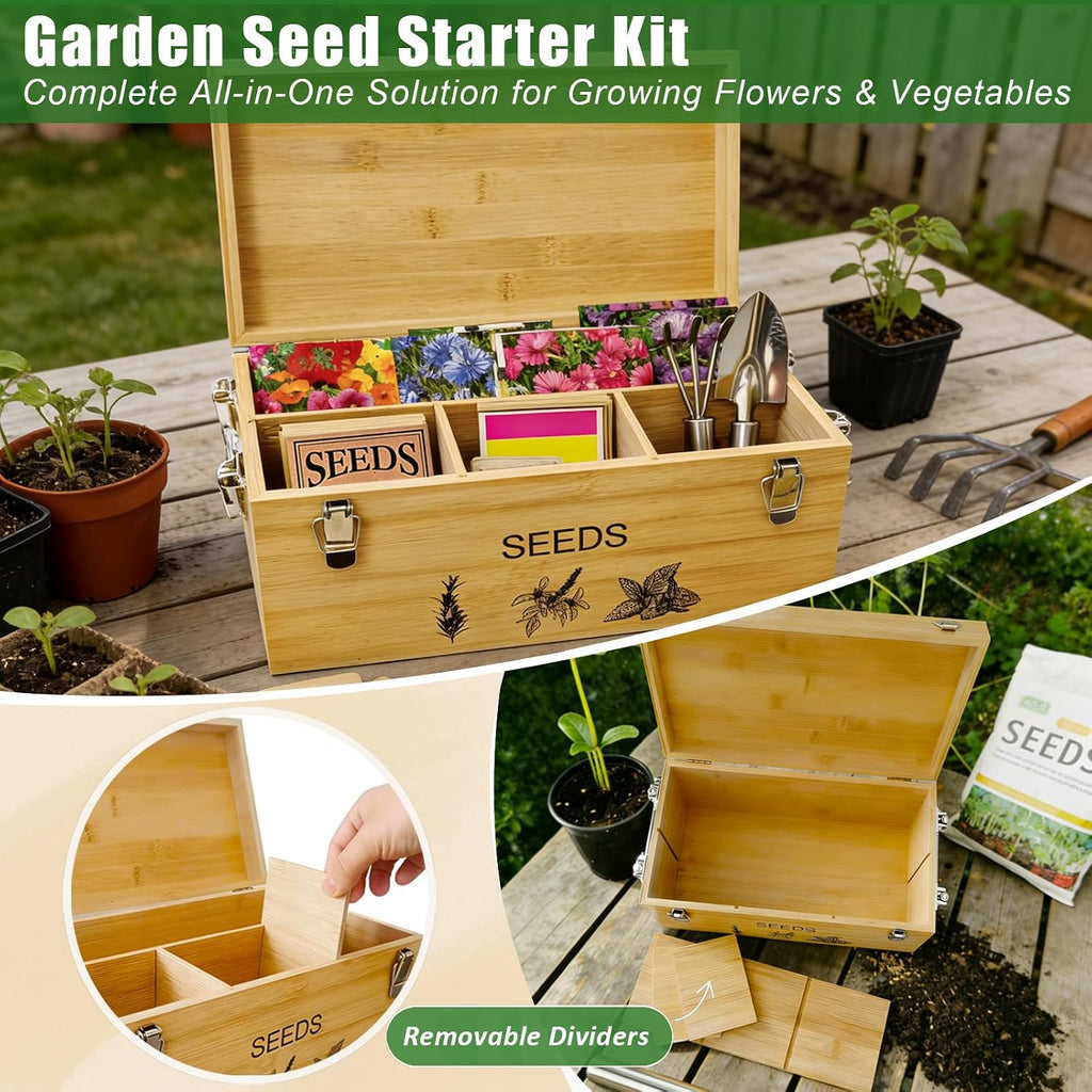Natural Bamboo Seed Storage Organizer Box, Garden Tools Saving Kit | Large Seeds Saver Kit Included Stainless Steel