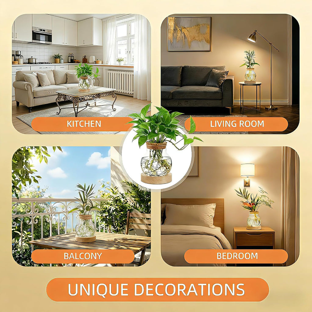 Plant Propagation Station with Wooden Saucer, Glass Terrarium with Stepless Dimming Function Hydroponic Glass Container