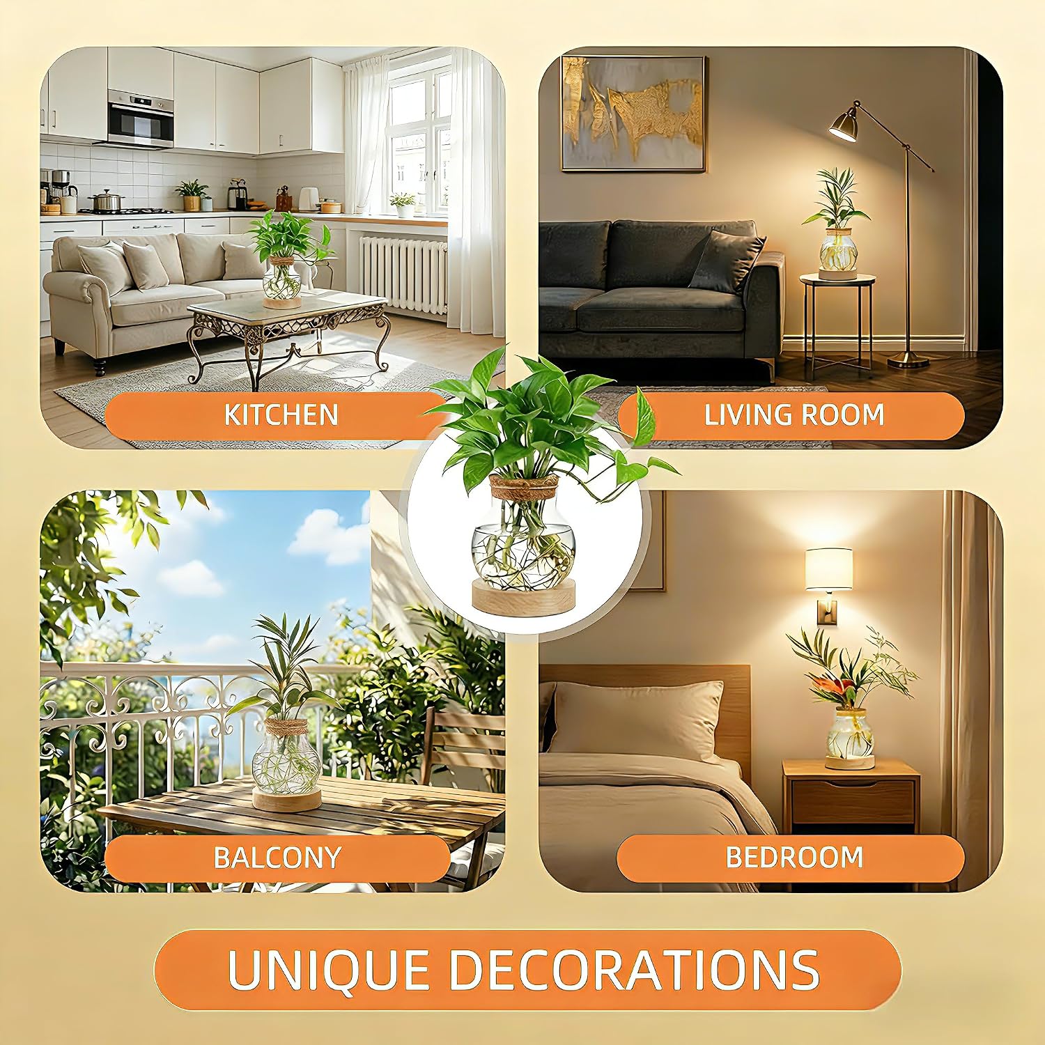Plant Propagation Station with Wooden Saucer, Glass Terrarium with Stepless Dimming Function Hydroponic Glass Container