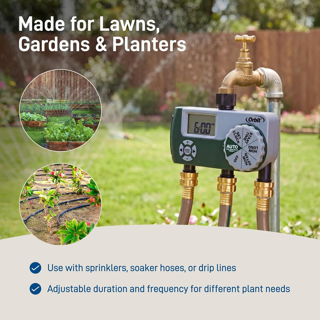 Orbit Programmable Digital Hose Watering Timer - 3 Outlet - Battery Powered - with LCD Screen - Built-in Rain Delay
