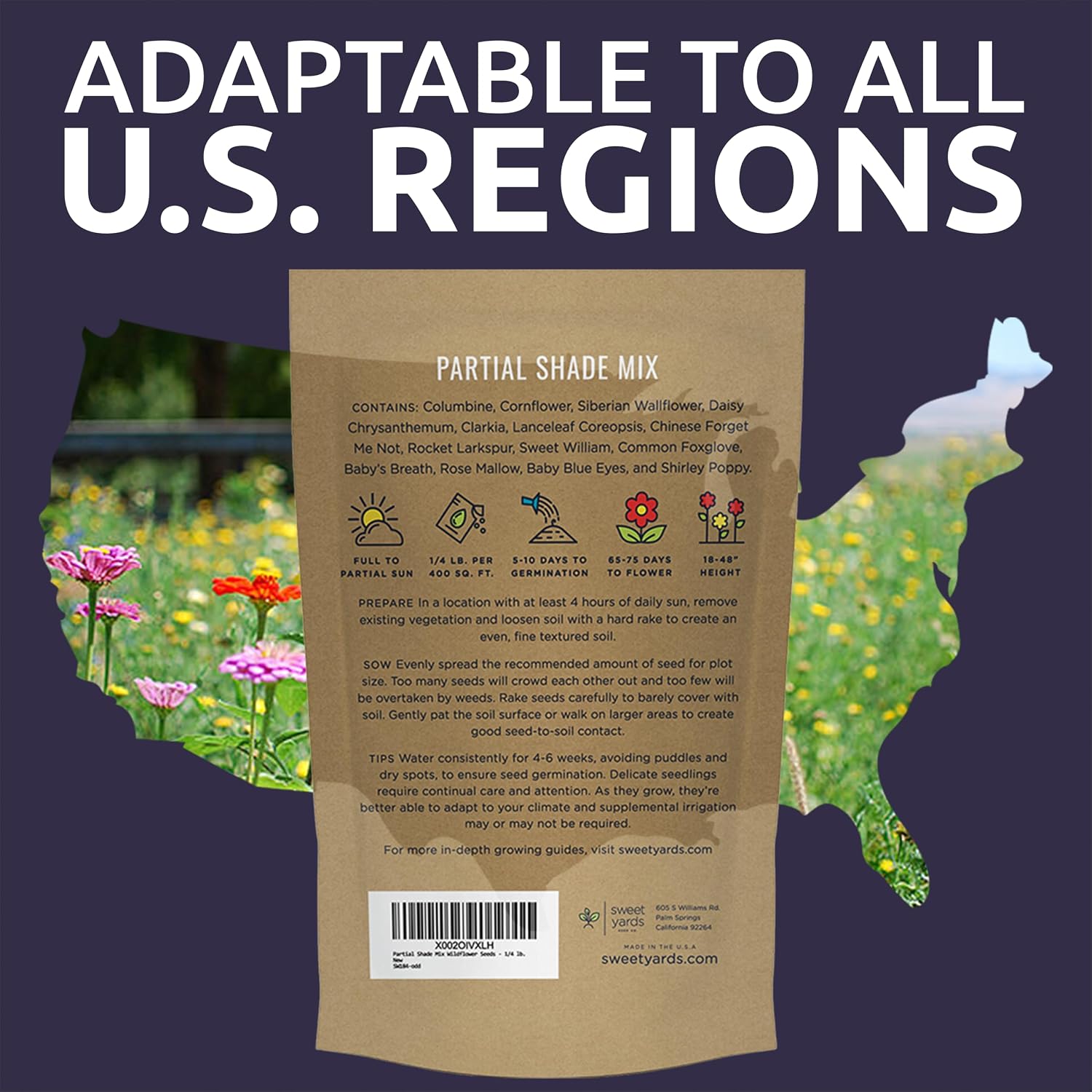 Bulk Wildflower Seeds Partial Shade Mix - 1/4 Pound Bag Over 30,000 Open Pollinated Annual and Perennial Seeds