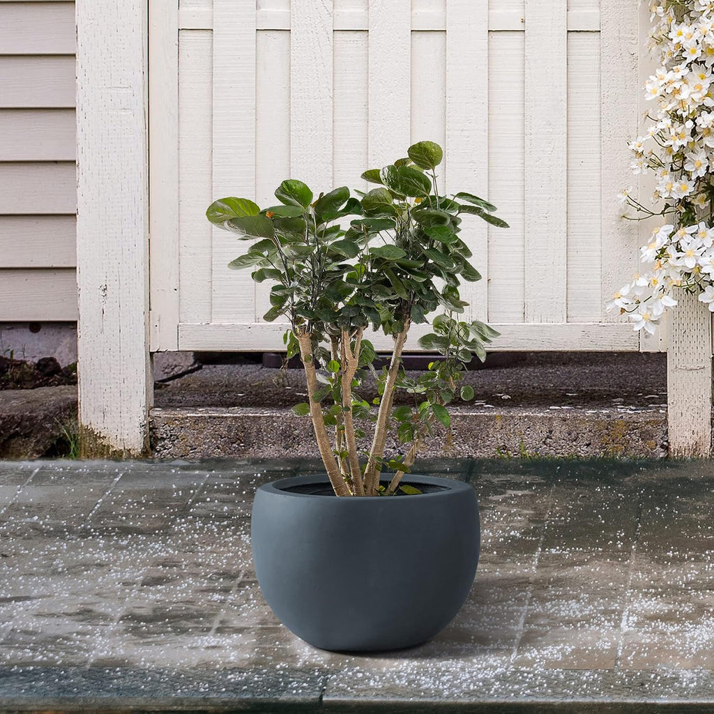 Kante Small Round Bowl Charcoal Concrete Planter 11.8" Dia, Outdoor | Rubber Plug for Indoor, Drainage for Garden