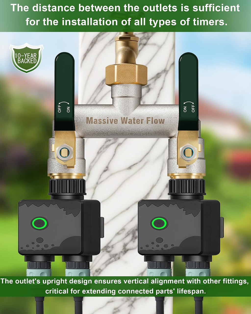Hose Splitter 2 Way Heavy Duty, Brass Garden Hose Splitter | 304 Stainless Steel Long Handle, Full Flow Nickel Plated