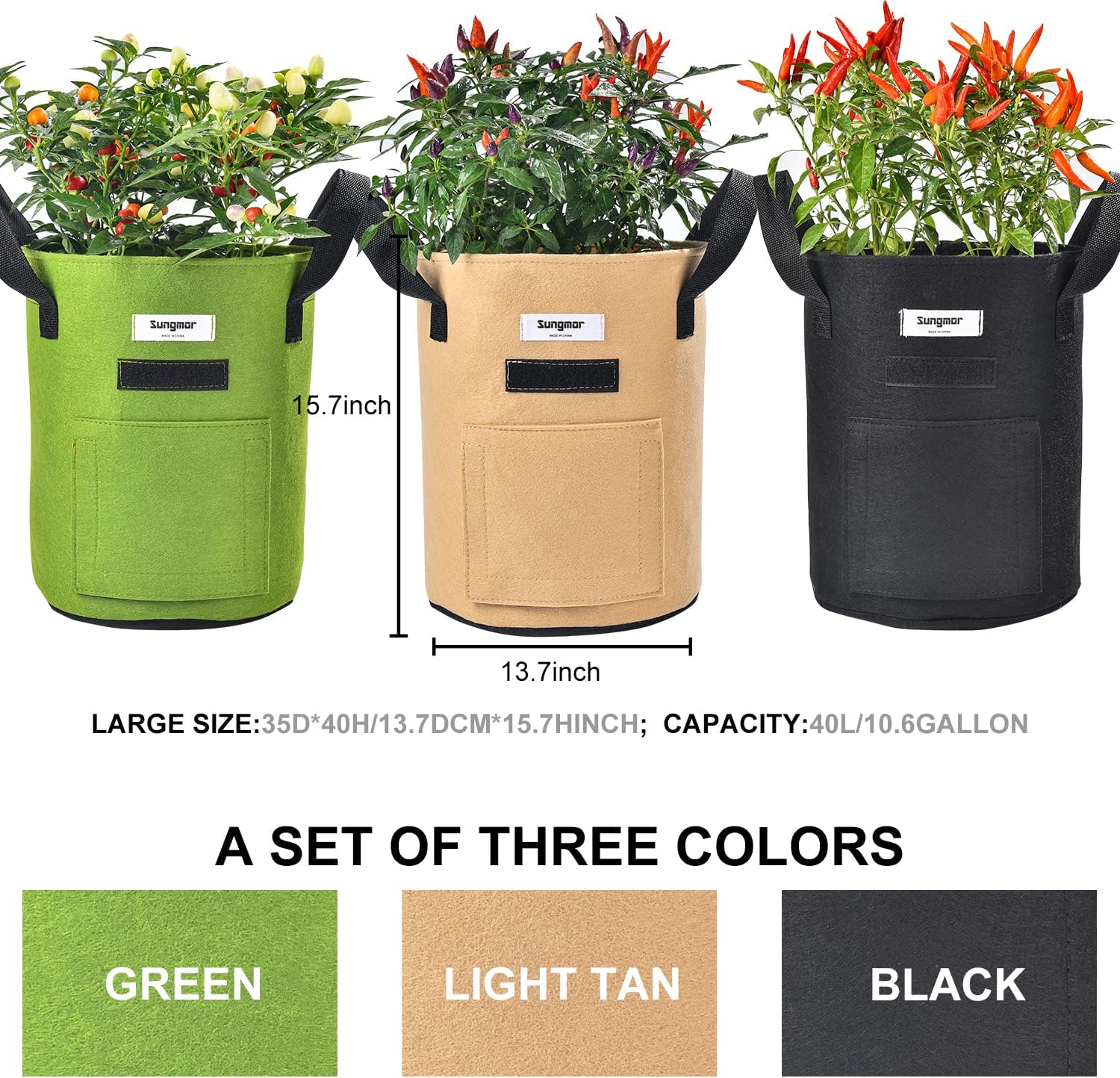 Sungmor 3PC Large Fabric Pots, 10 Gallon Non Woven Planters | Patio Garden Bags Cloth Pots, Heavy Duty Thick Planters