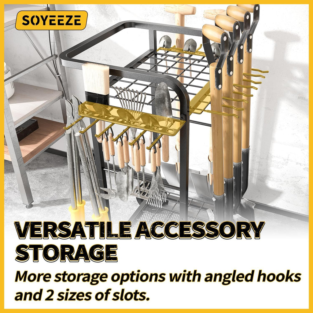SOYEEZE Garden Tool Organizer with Large Wheels, Heavy Duty 3-Tier Yard Tower Tool Rack for Garage, Holds Up to 35