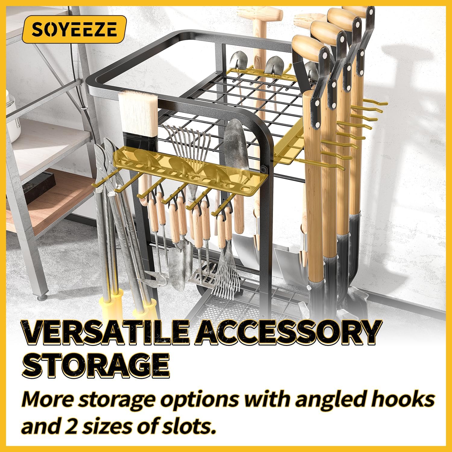 SOYEEZE Garden Tool Organizer with Large Wheels, Heavy Duty 3-Tier Yard Tower Tool Rack for Garage, Holds Up to 35