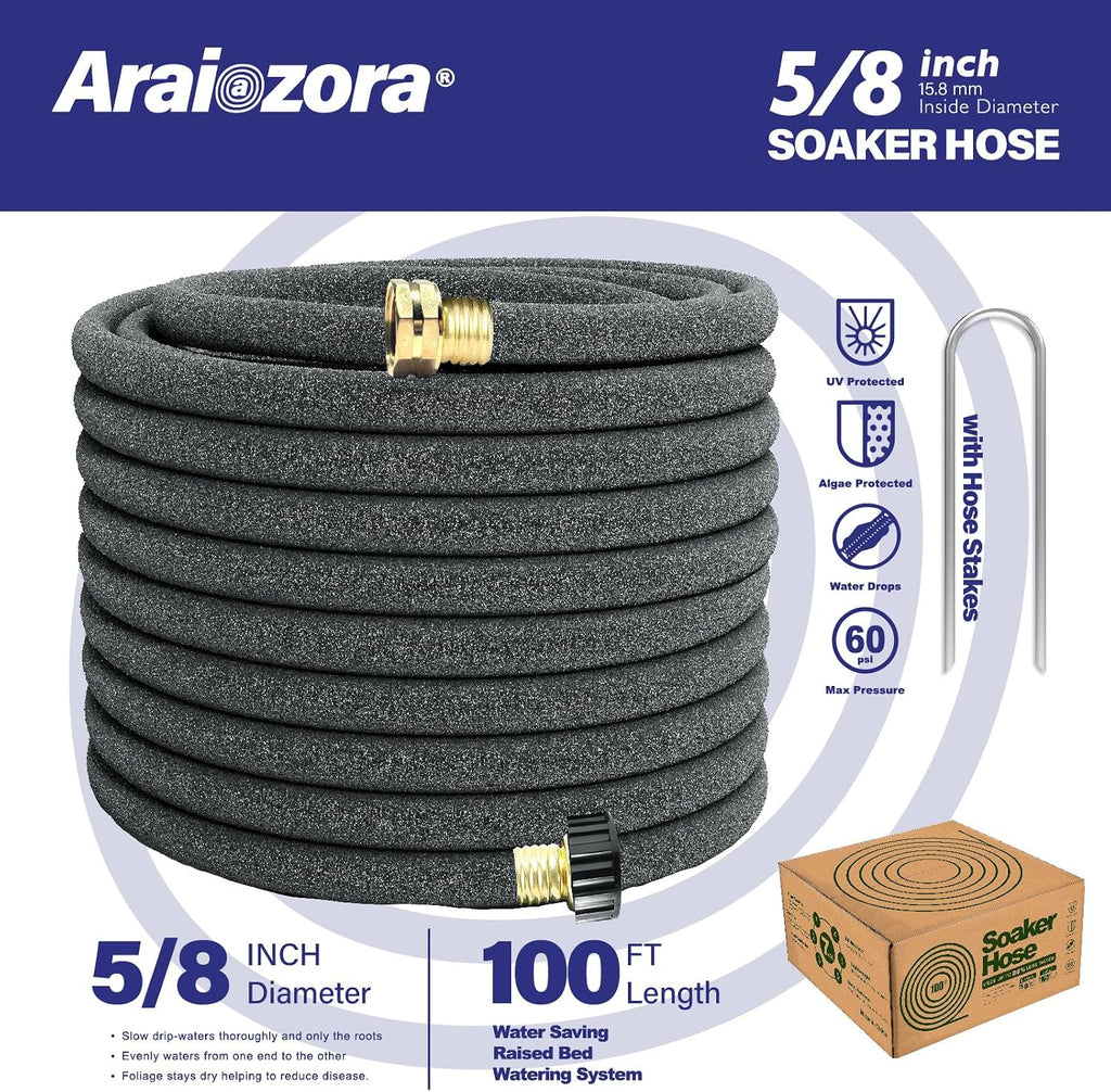 Soaker Hose 100FT 5/8 Inch, Heavy Duty Leakproof Drip Irrigation Hose for Deep Watering Large Flower Beds, Estates &