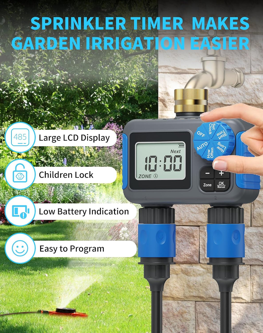 Sprinkler Timer, 2 Zone with Brass Swivel, Digital Irrigation Controller System with Rain Delay/Manual/Automatic