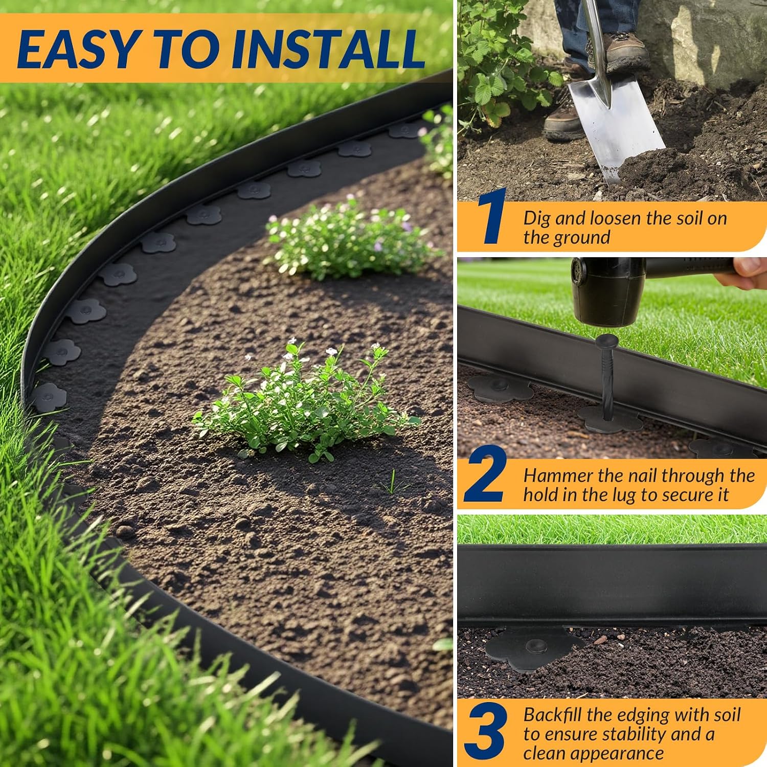Velway No Dig Landscape Edging Kit 66FT with 100 Spikes Heavy Duty Black | 66FT no dig edging with 100 spikes and 2in