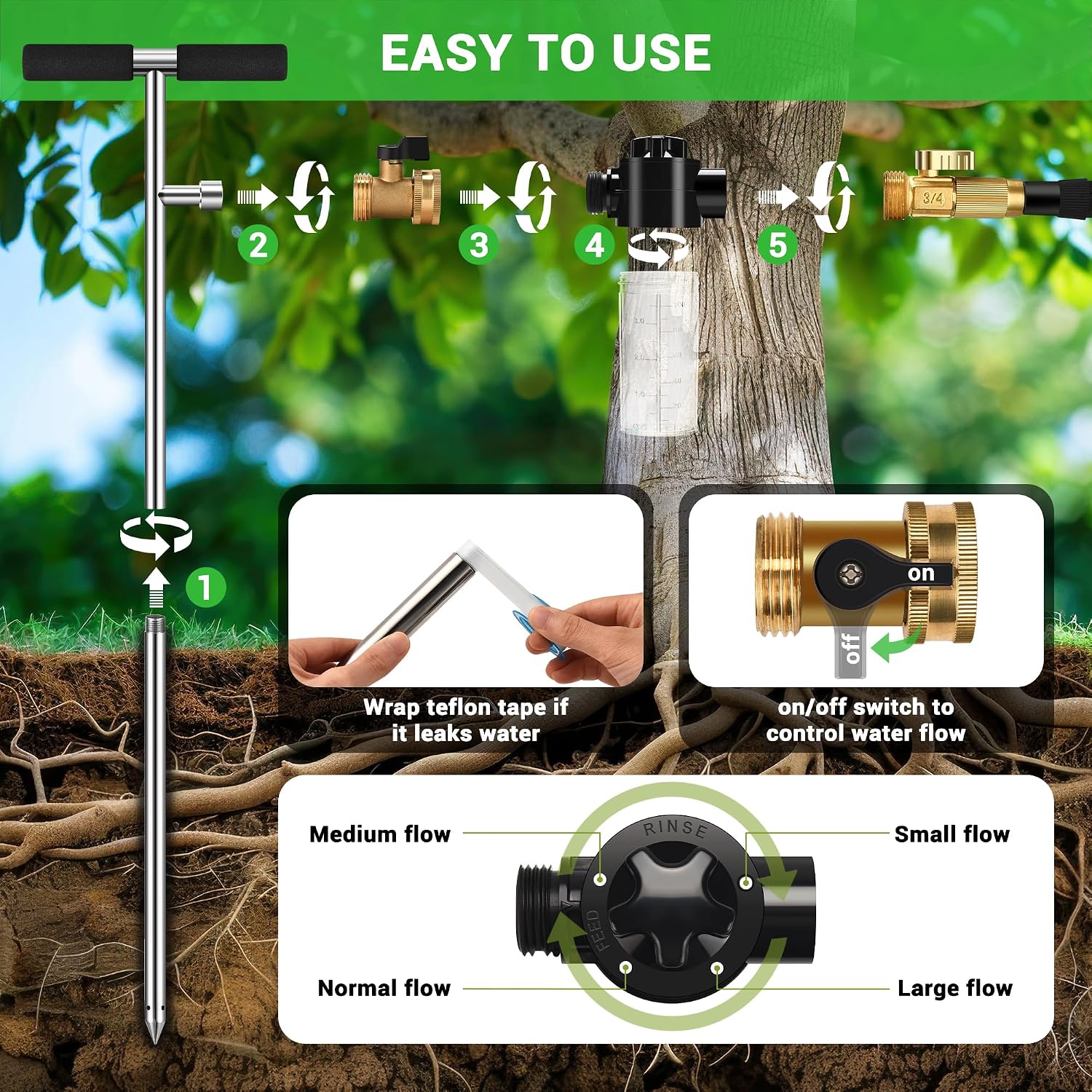 Deep Root Watering Tool for Trees Watering Spike with Fertilizer Bottle | Stainless Steel Root Feeder, Upgraded Brass