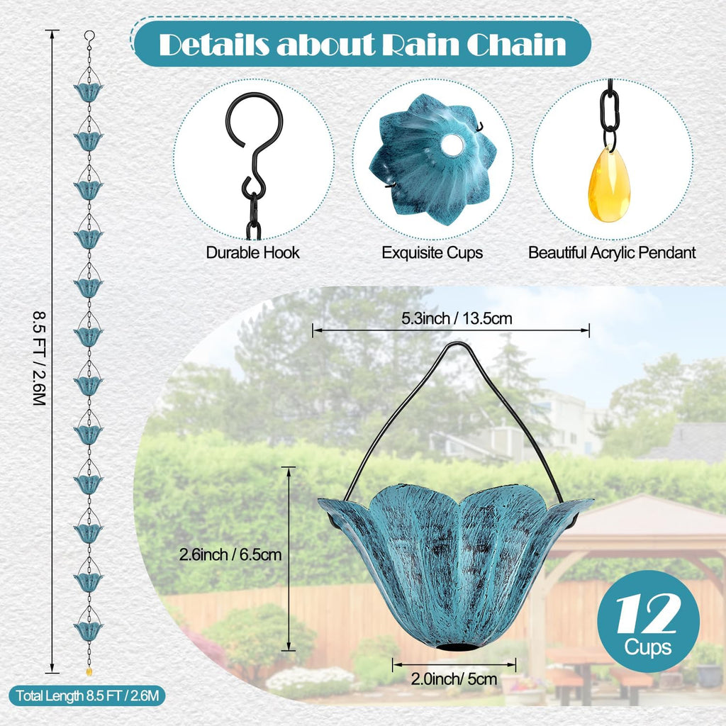 8.5 FT Tulip Rain Chain with 12 Cups for Gutters Downspouts Outside | Metal Material, Large Flower Opening to Avoid