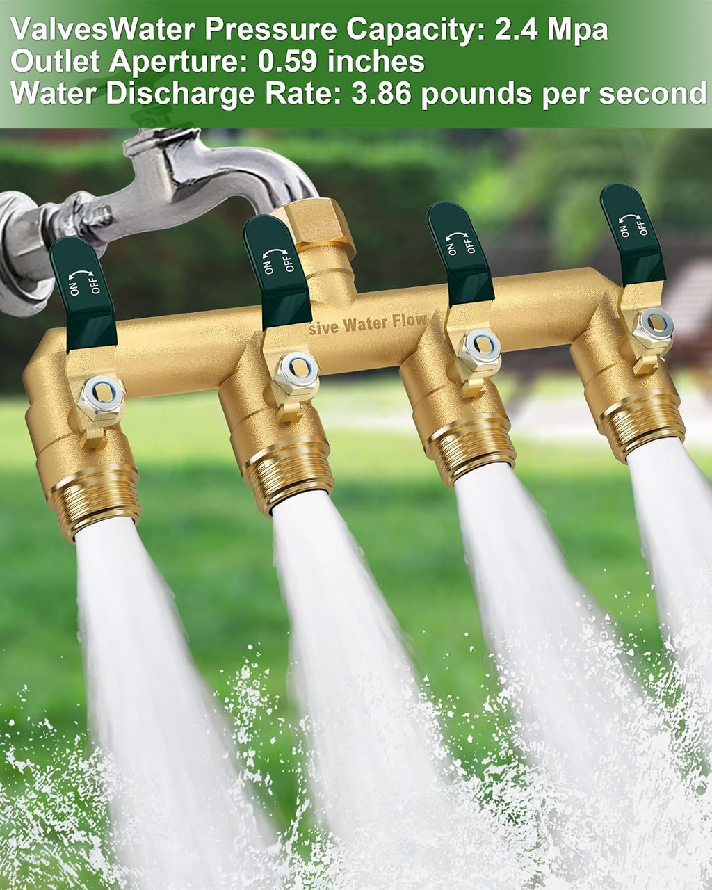 4 Way Hose Splitter, Heavy Duty Full Flow Garden Hose Splitter with 4 Large Metal Handles, Brass Water Hose Bib