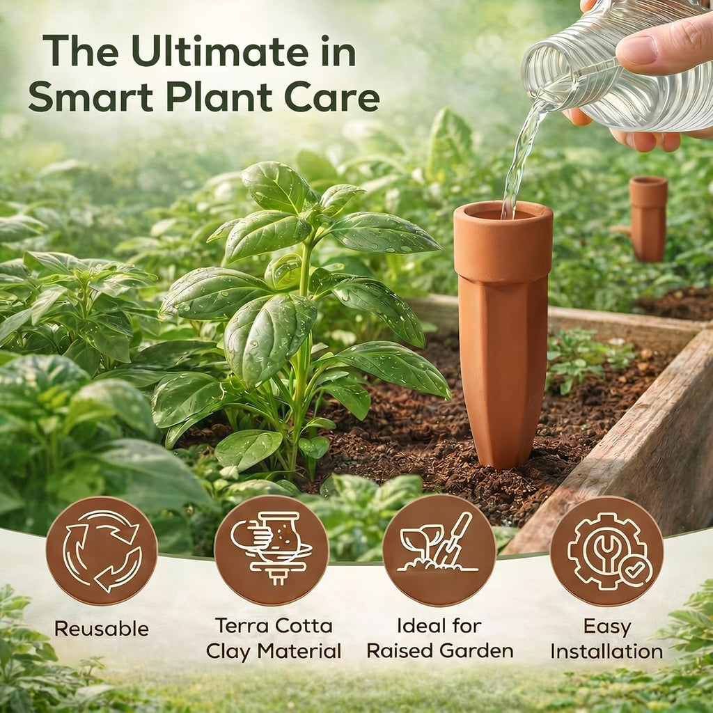 Honeydak 6pcs Medium Terracotta Watering Spikes with Lids 5'' Automatic Plant Waterer Self Watering Stake Planter