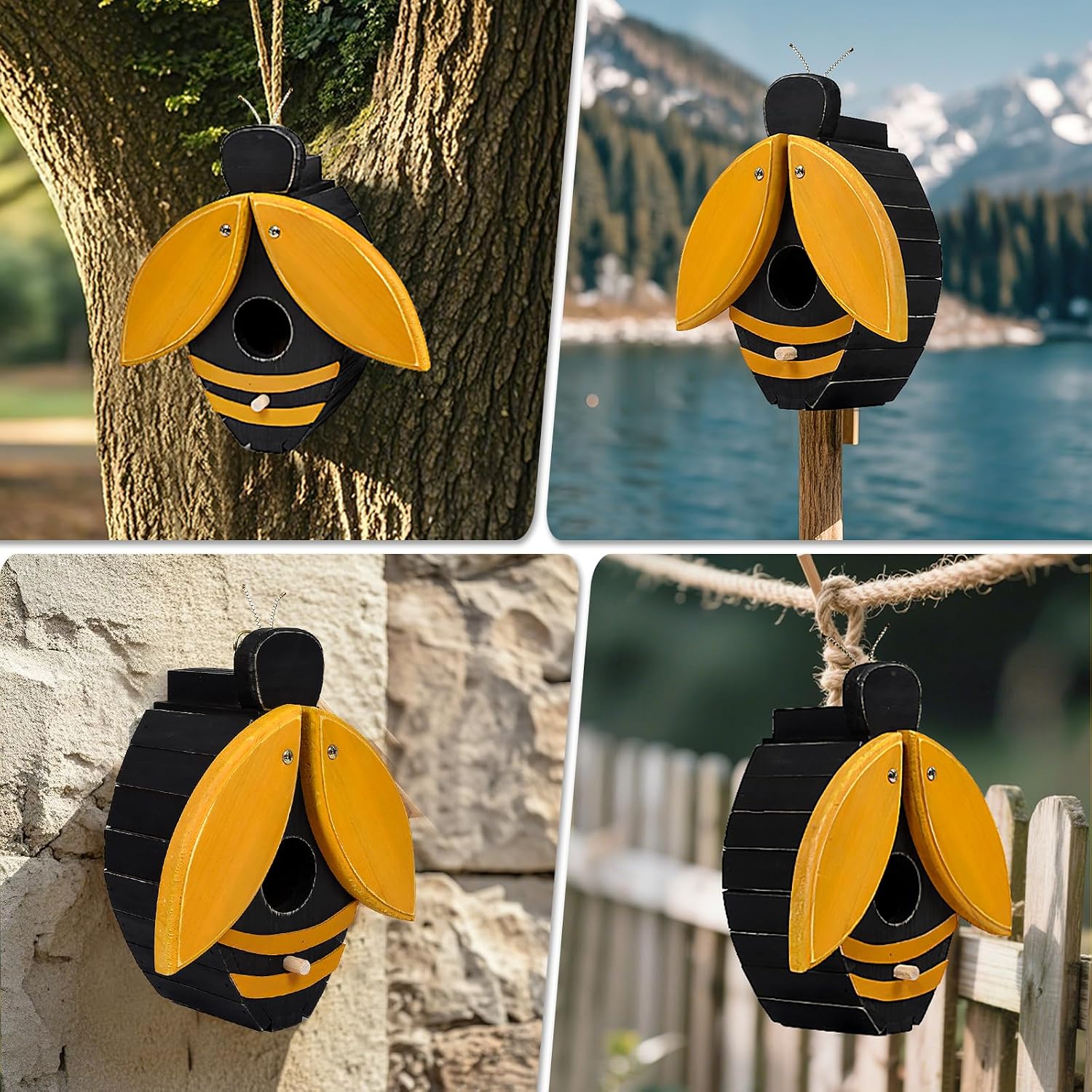 Bee Shaped Wooden Birdhouse - Handmade Bird Houses for Outside - Cute Bee Design for Garden Decoration