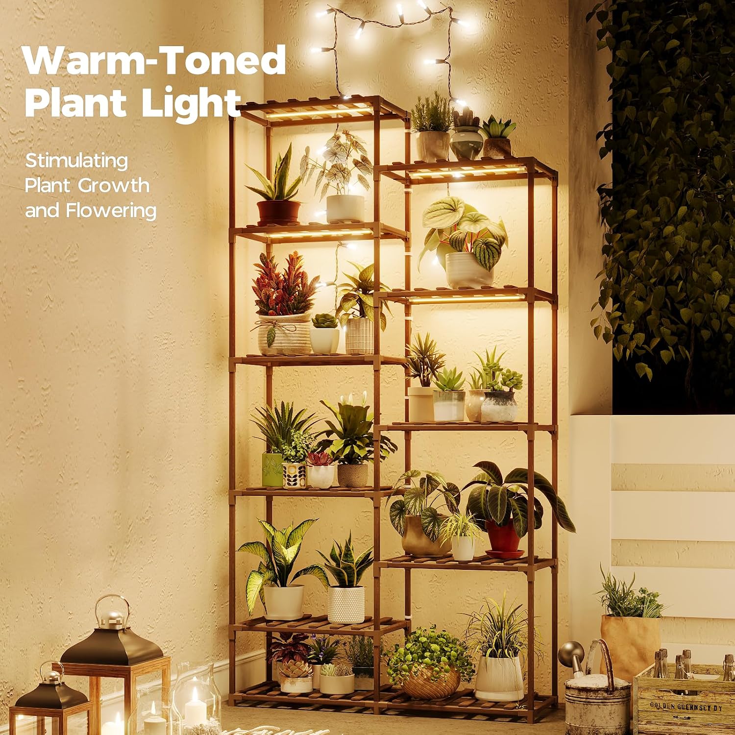 Bamworld Tall Plant Stand with Grow Lights Large Indoor Plant Shelf | for Multiple Plants Pots Wood Flower Stand Flower