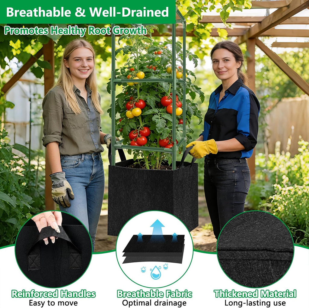 3 Set 49" Square Tomato Cages with 18 Gallon Grow Bags, Steel Trellis | Heavy Duty Tomato Trellis Kit, Garden Plant