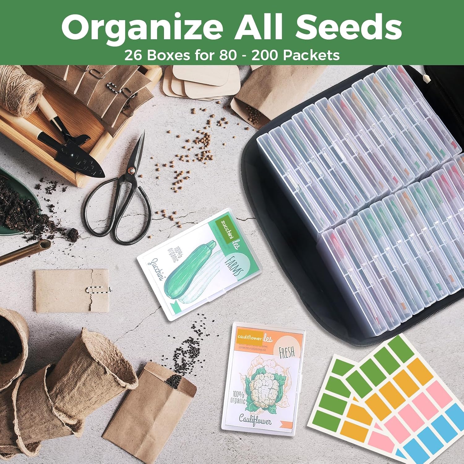 26 Slots Seed Organizer Storage Box with Labels, Large Capacity Oxford Cloth Seed Packet Organizer for Seed Packets