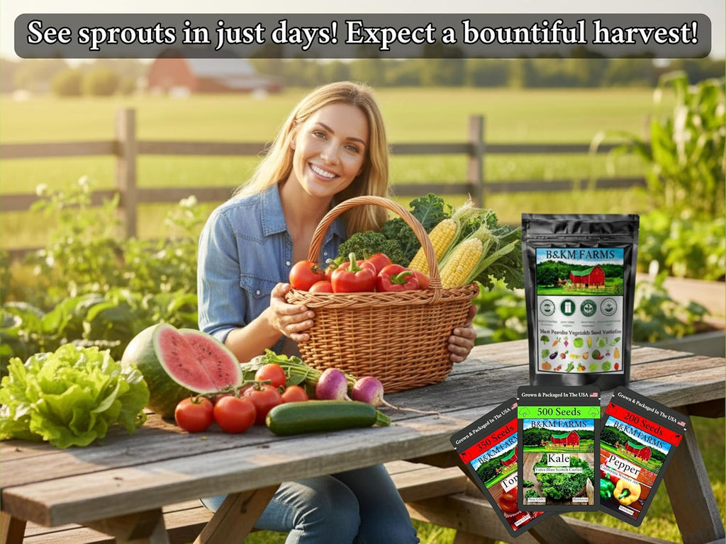 B&KM Farms Heirloom Vegetable Seeds Variety Pack – 20 Varieties, 40 Packets, 20,000+ Non-GMO Seeds – Water-Resistant