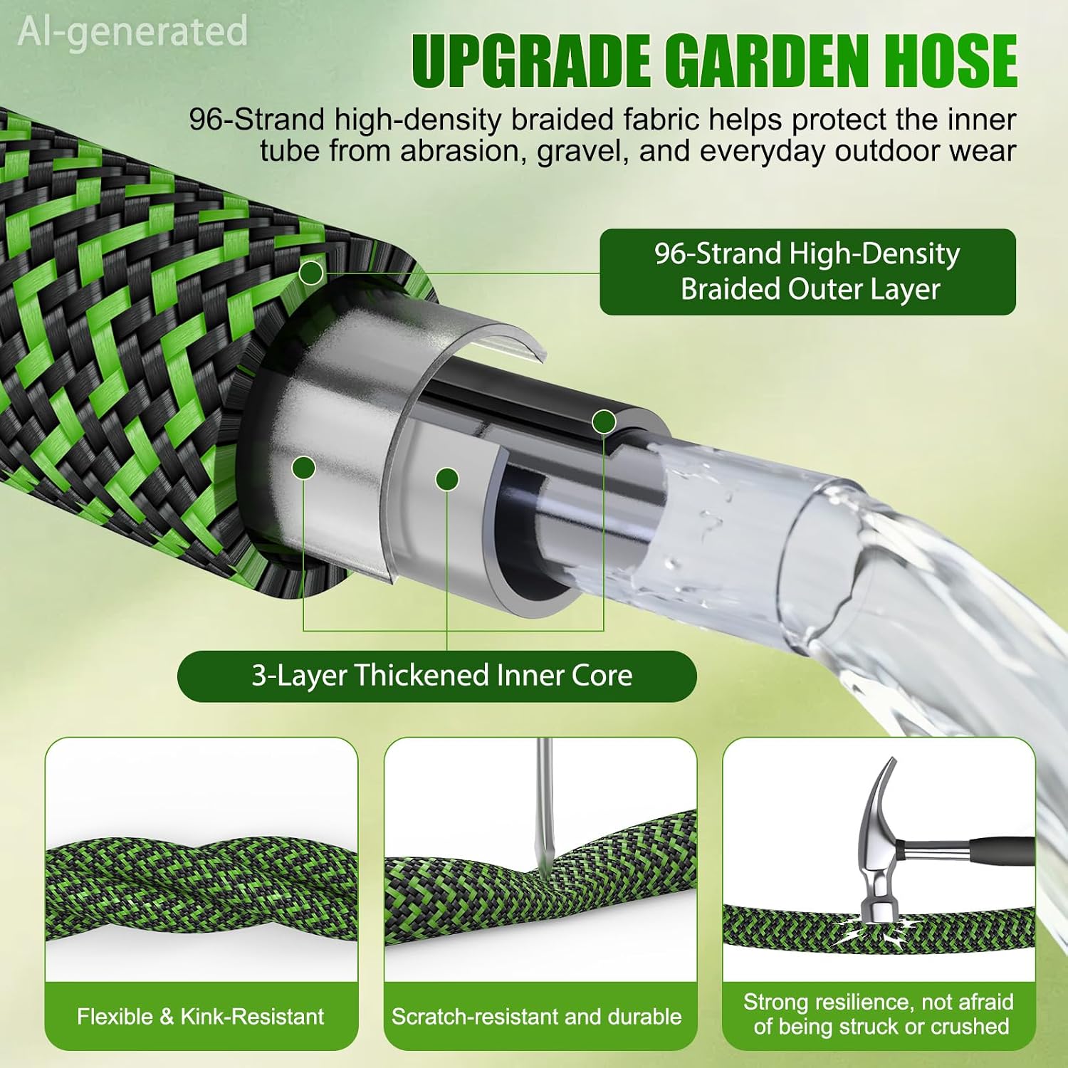 NON-EXPANDABLE Garden Hose 25ft x5/8'', Heavy Duty Flexible Water Hose with 10-Function Sprayer, Lightweight, Leak