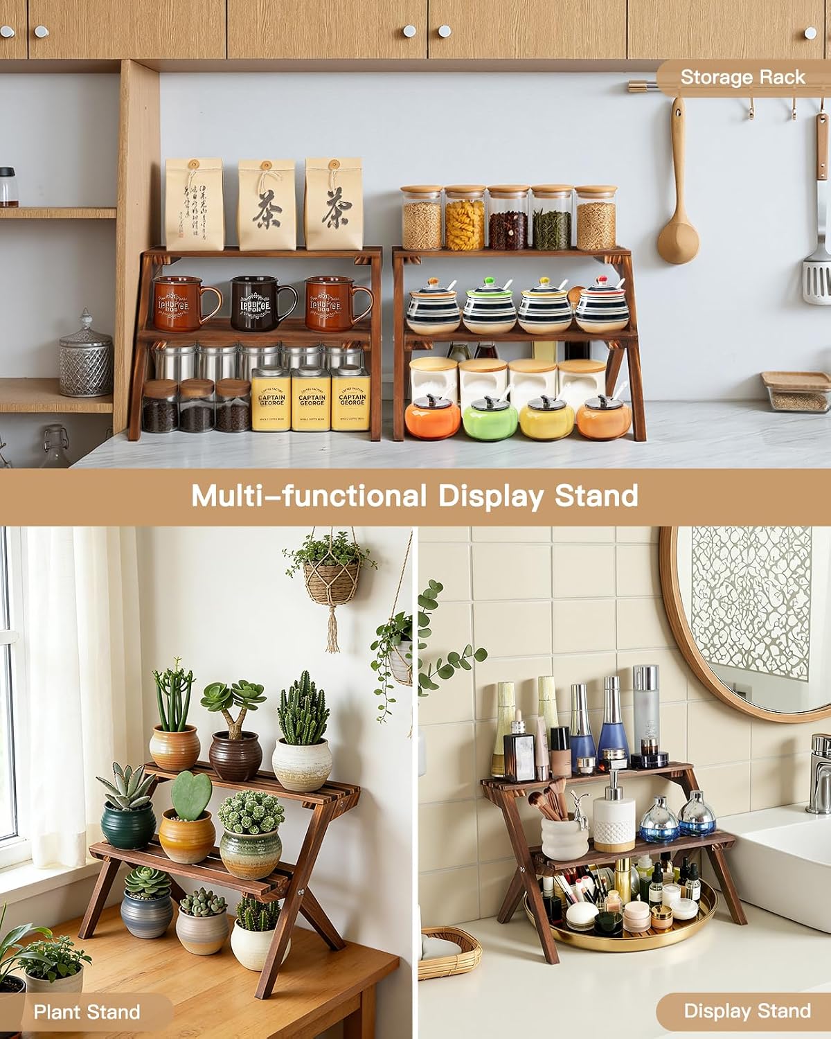 2 Tier Desktop Plant Stand, Wooden Windowsill Plant Shelf Indoor | X-Frame Tabletop Flower Stand, Ladder Succulent