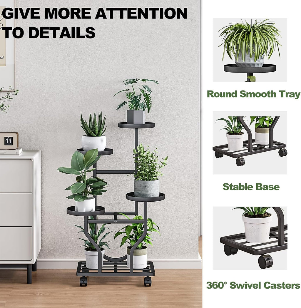 Plant Stand with Wheels, Black 4 Tier Metal Plant Shelf for Indoor Outdoor | Corner Plants Stand Indoor for Bedroom