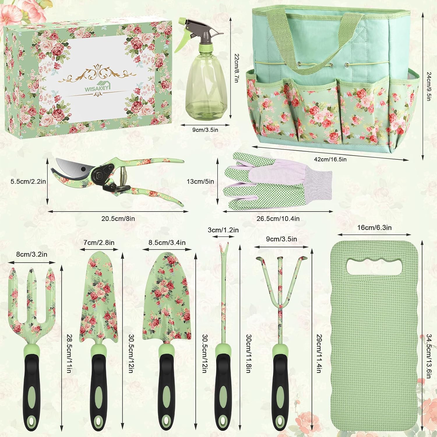 Gardening Tools, WisaKey 10 Piece Heavy Duty Garden Tools Set with Handle, Durable Fashion Garden Organizer Handbag