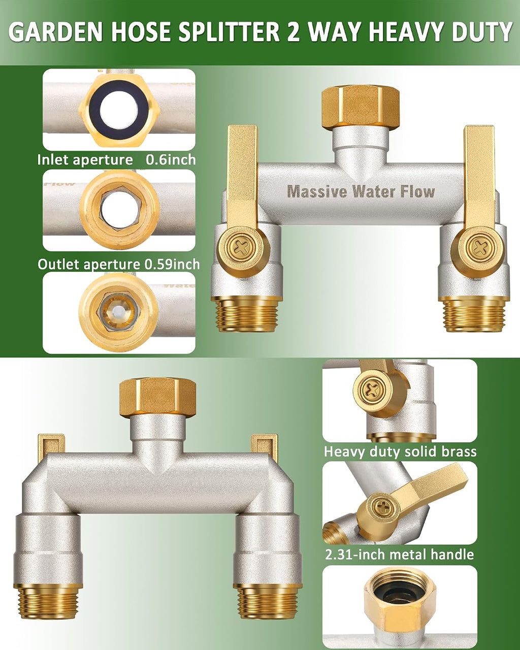 Hose Splitter 2 Way Heavy Duty, Full Flow Solid Brass Nickel Plated Garden Hose Splitter, Spigot Splitter Valve with