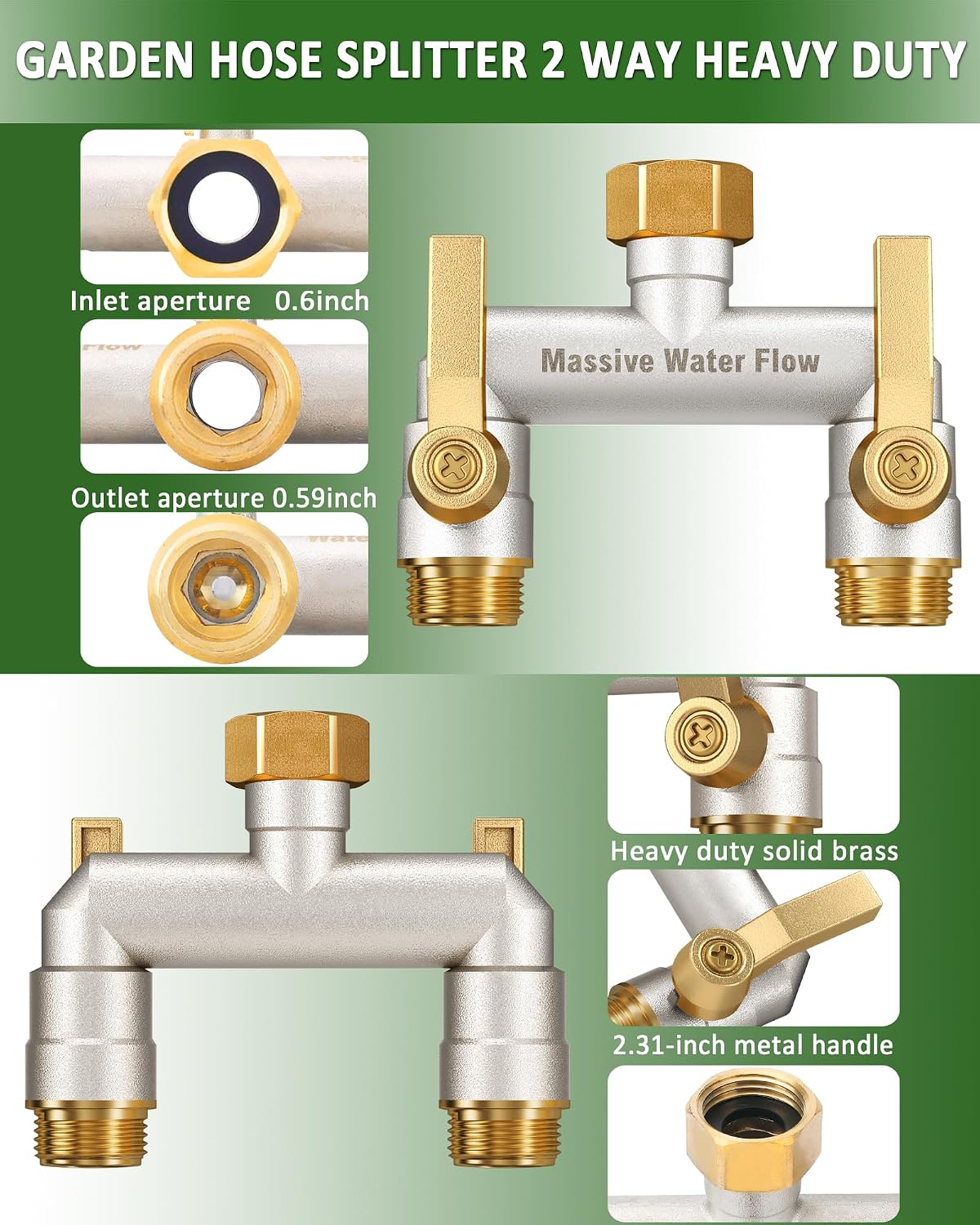Hose Splitter 2 Way Heavy Duty, Full Flow Solid Brass Nickel Plated Garden Hose Splitter, Spigot Splitter Valve with