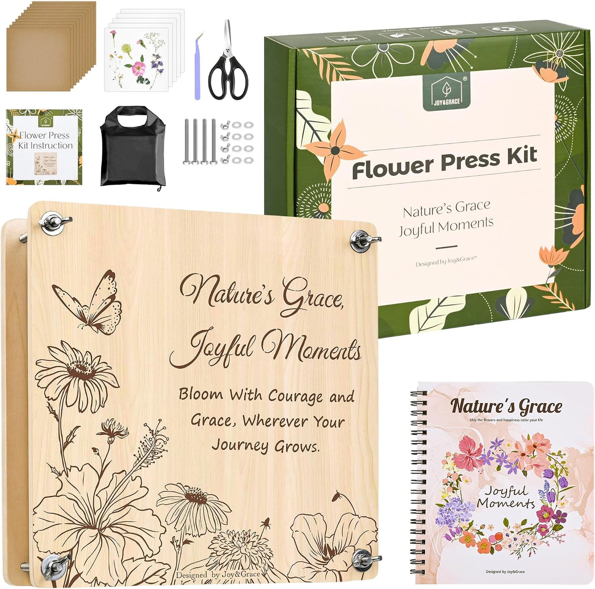 Joy&Grace Large Flower Press Kit for Adults with Designed Cover and DIY Album,10 Layers Plant Press and Plant Drying Toolkit, Flower Preservation Kit, 10.9" x 10.9" (Color Box, Natural Wood)