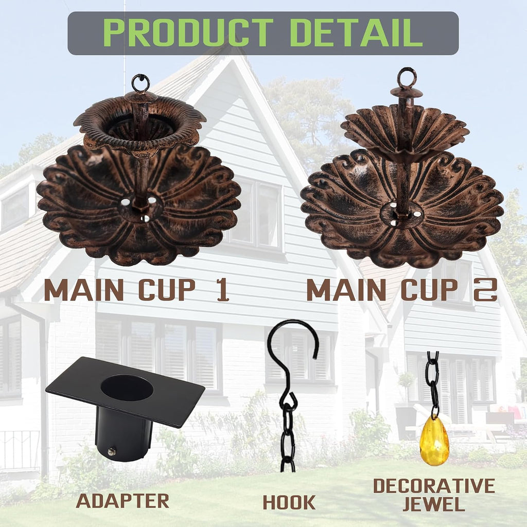 8.5FT Fountain Iron Rain Chain for Gutters and Rain Barrel+Adapter, Bronze | Rain Chains for Downspout, Rust-Prevent