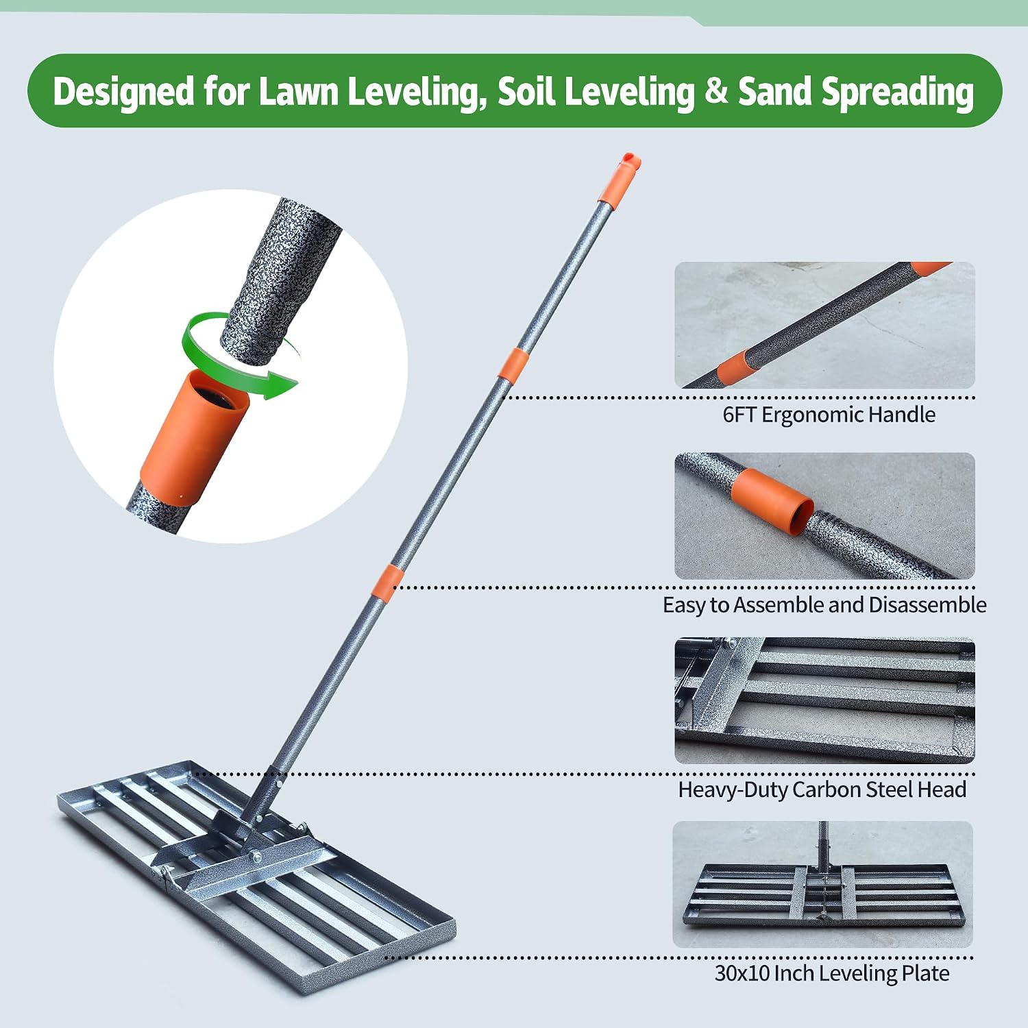 Lawn Leveling Rake 30x10 Inch, 6FT Heavy-Duty Carbon Steel Lawn Leveler – Yard Leveling Rake for Soil, Sand, Grass