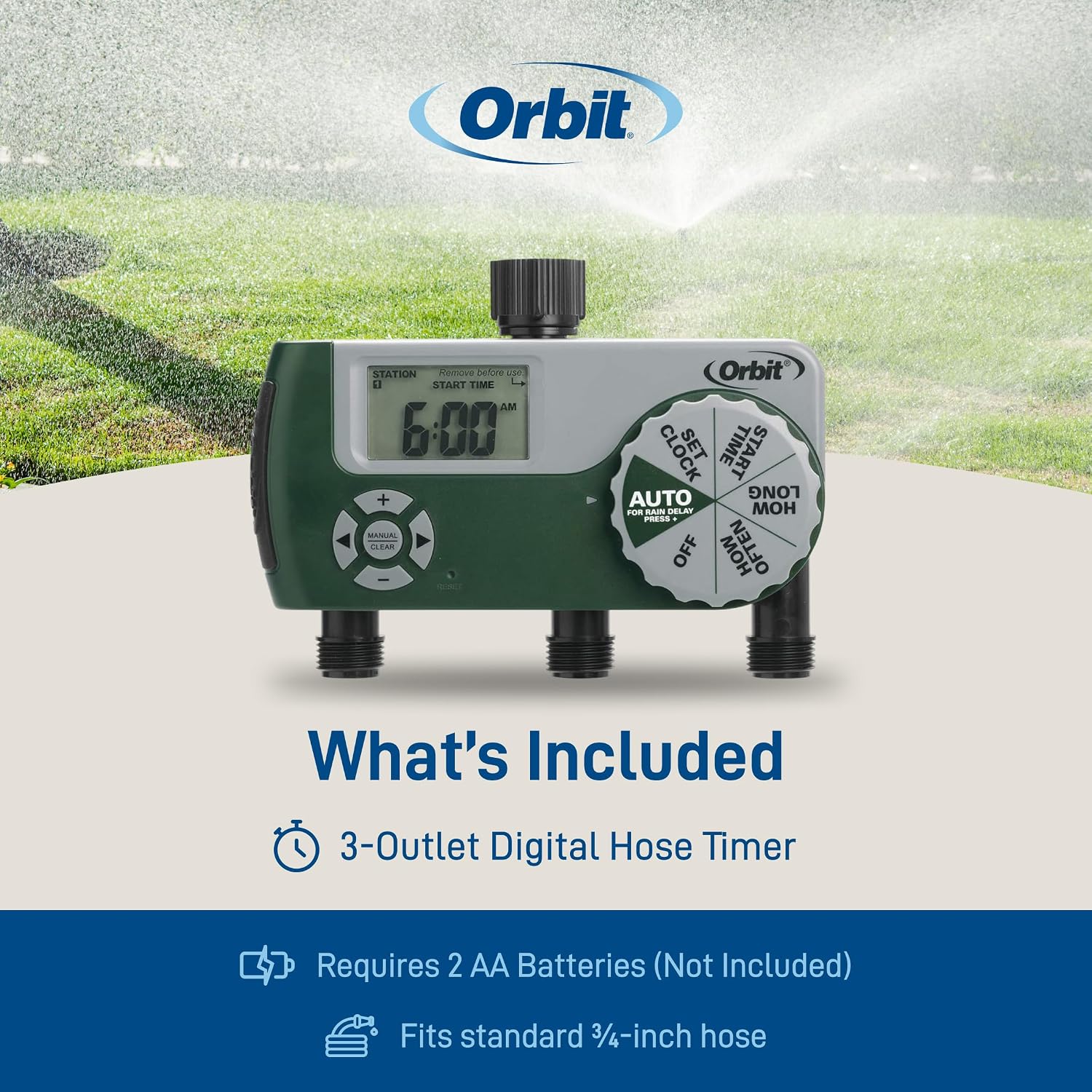 Orbit Programmable Digital Hose Watering Timer - 3 Outlet - Battery Powered - with LCD Screen - Built-in Rain Delay