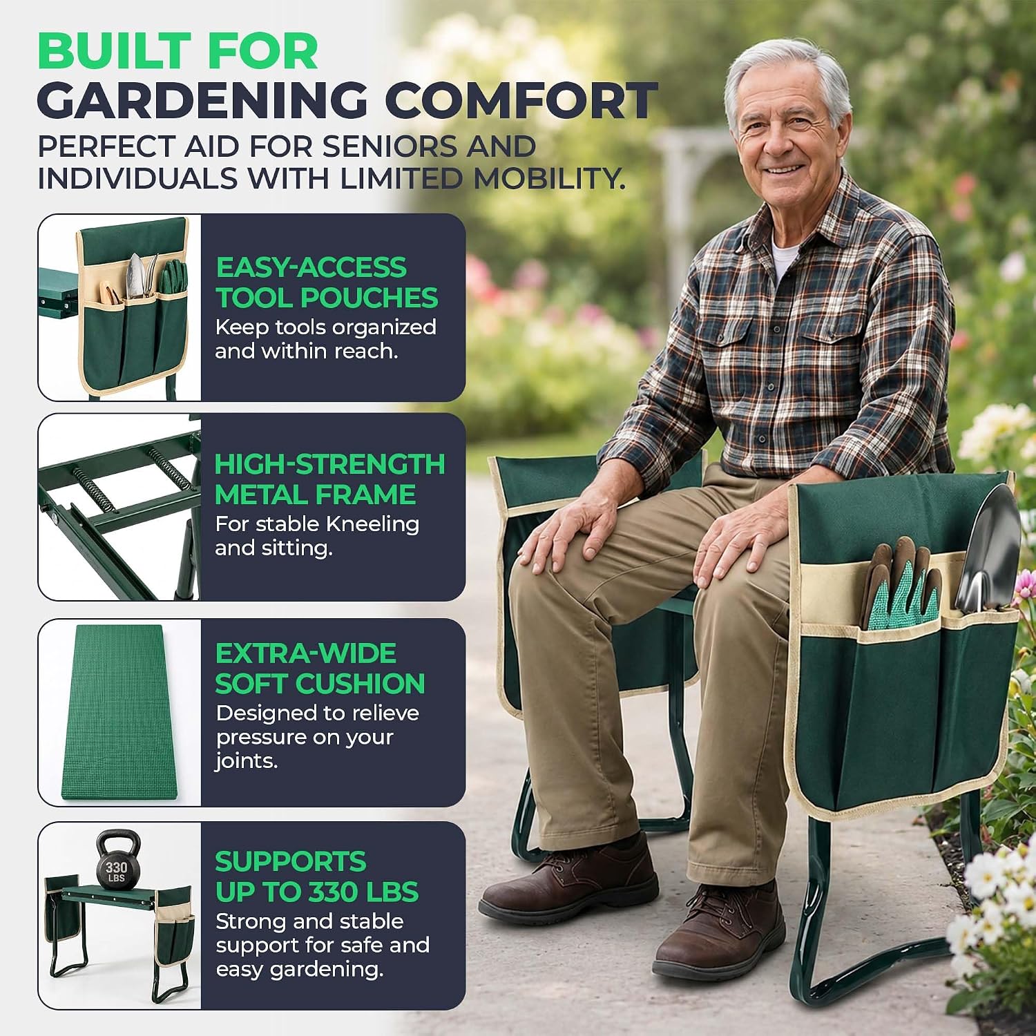 Flora Foldable Garden Kneeler and Seat – Heavy Duty Gardening Bench with Extra-Wide Soft Pad & 2 Tool Pouches – Durable