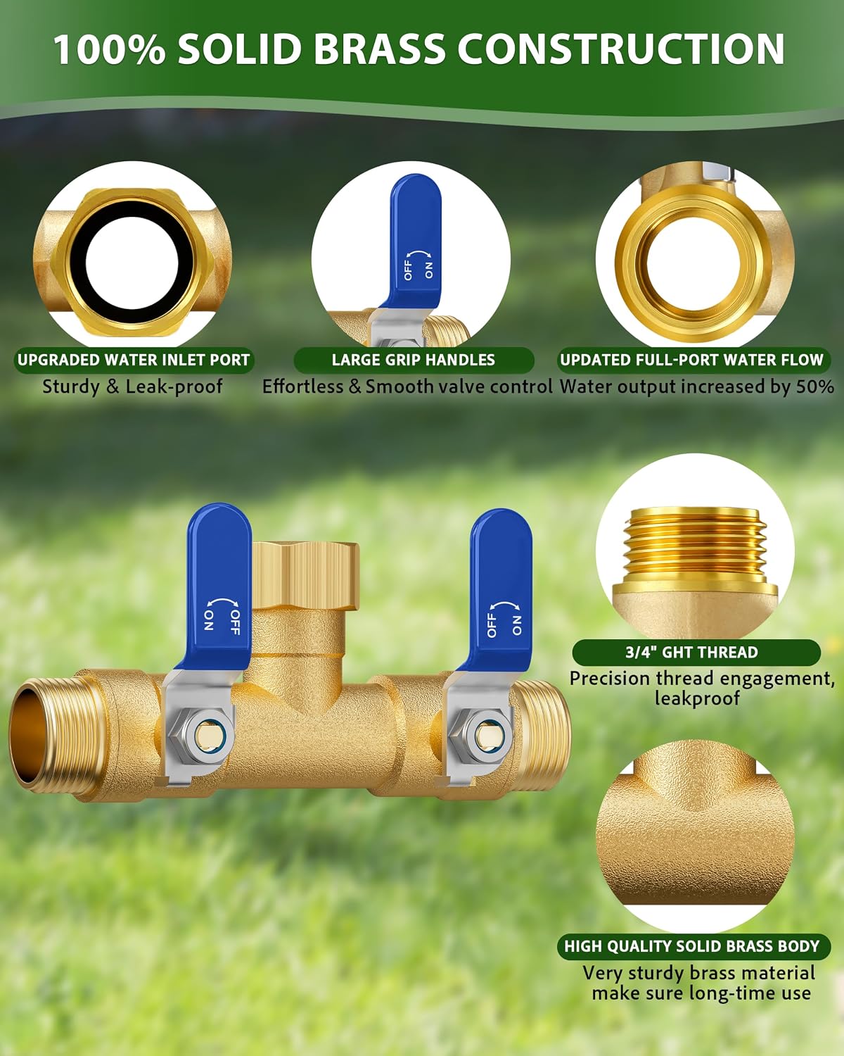 Hose Splitter 2 Way, Heavy Duty Brass Garden Hose Splitter | 0.59" Full Flow Ball Valve Outlet, Shut-Off Valve, 3/4"
