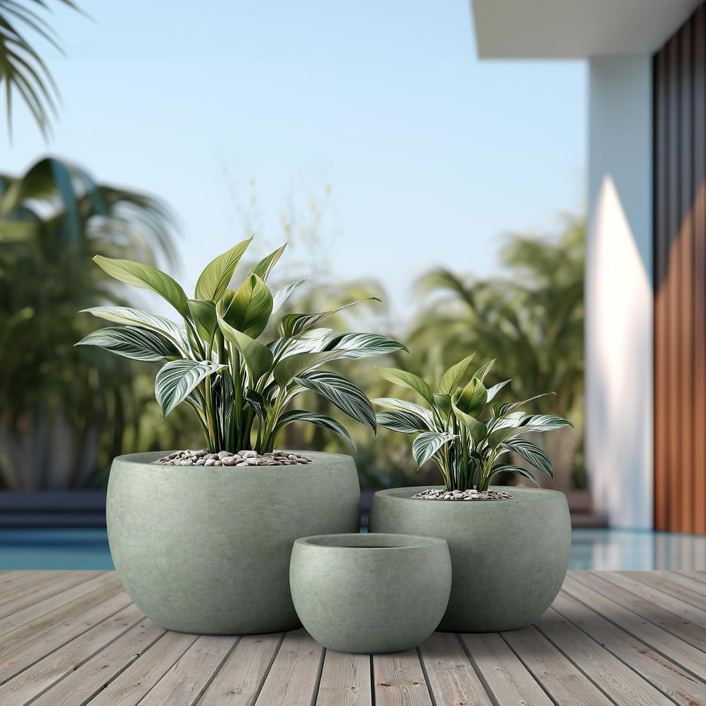 Kante Set of 3 Mint Green Concrete Bowl Planters 19.9" 15.7" 11.8" Dia | Drainage for Outdoor, Rubber Plug for Indoor