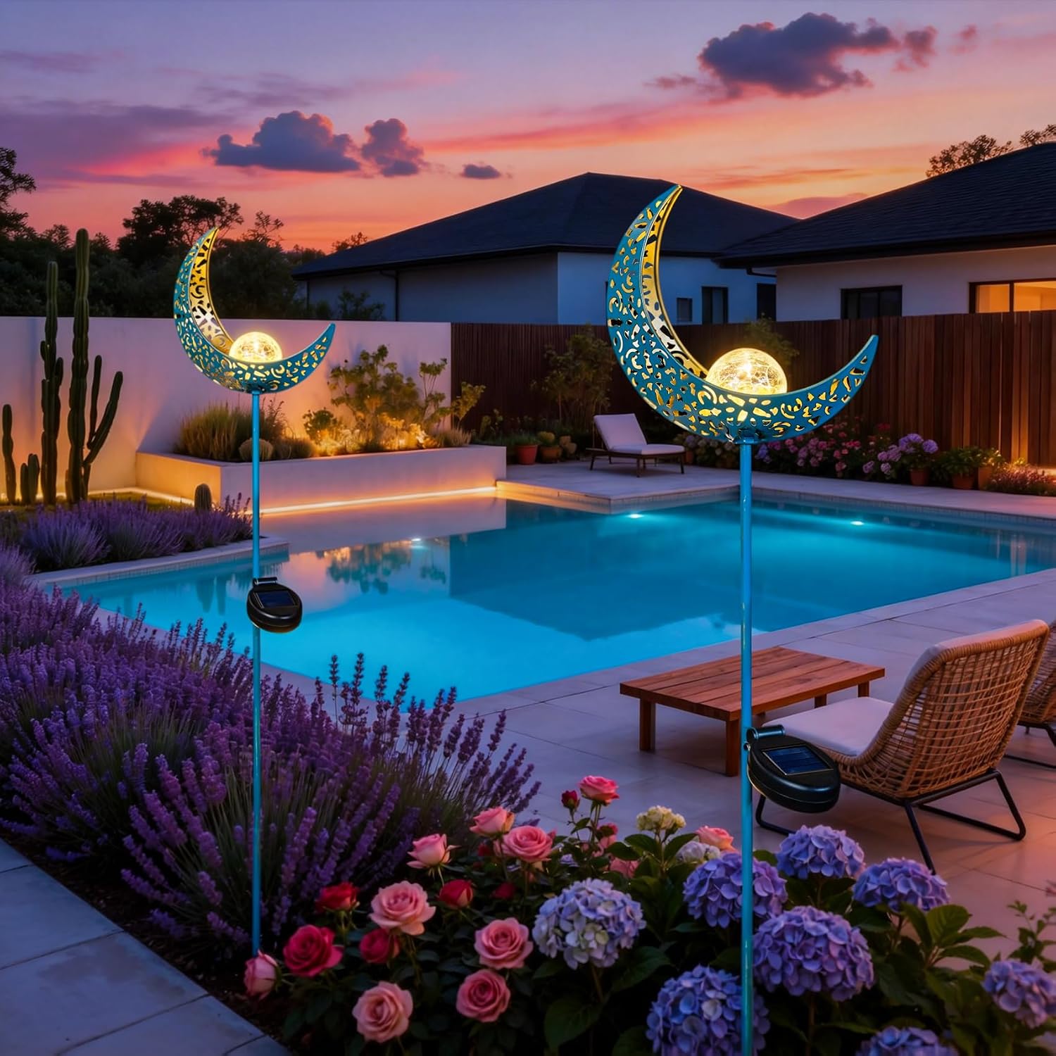 Moon Solar Garden Lights Outdoor Stakes, Waterproof Crackle Glass Metal Yard Lights for Lawn, Patio Accessories