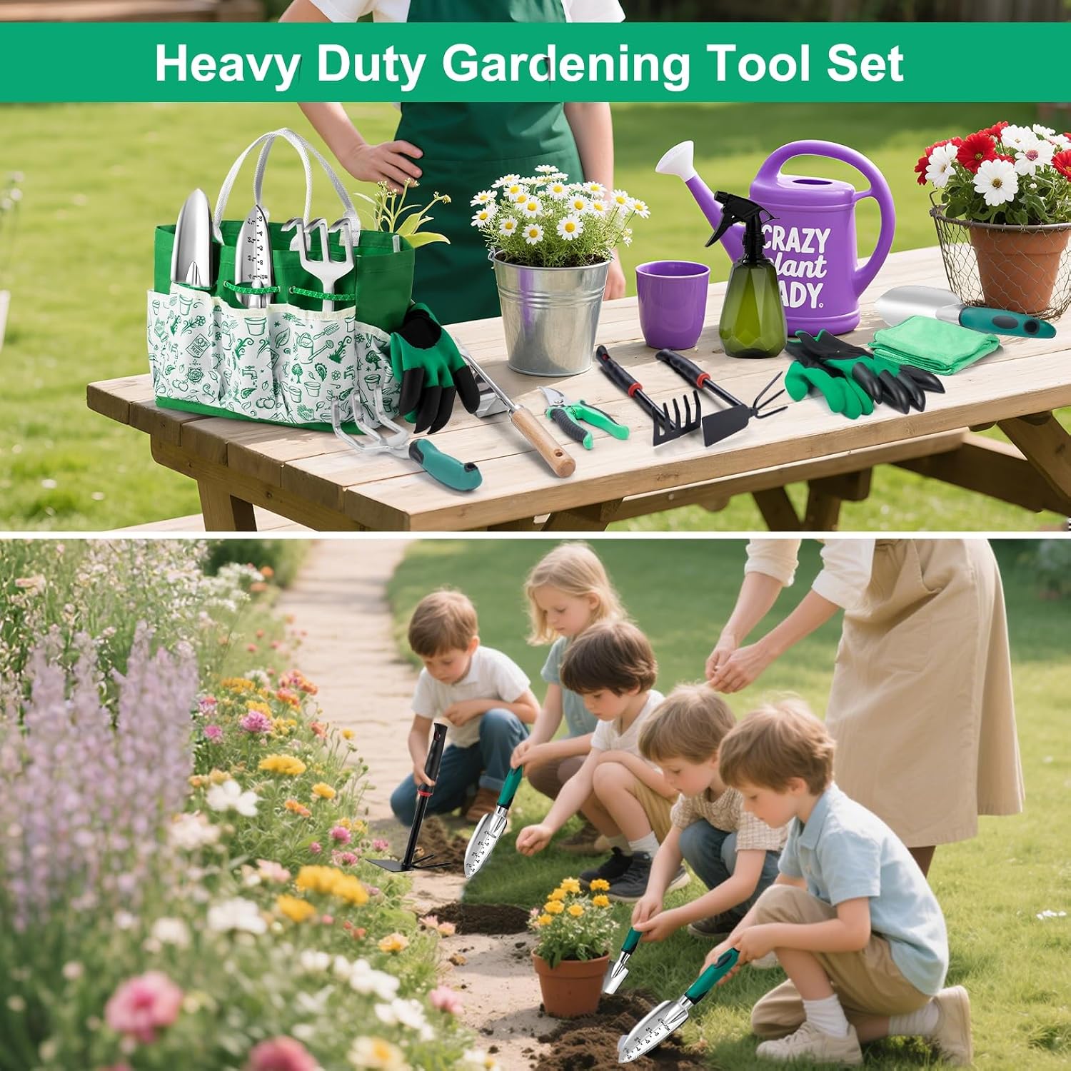 Garden Tool Set, 12-Piece Complete Stainless Steel Gardening Essentials, Heavy Duty Garden Tools with Large Storage