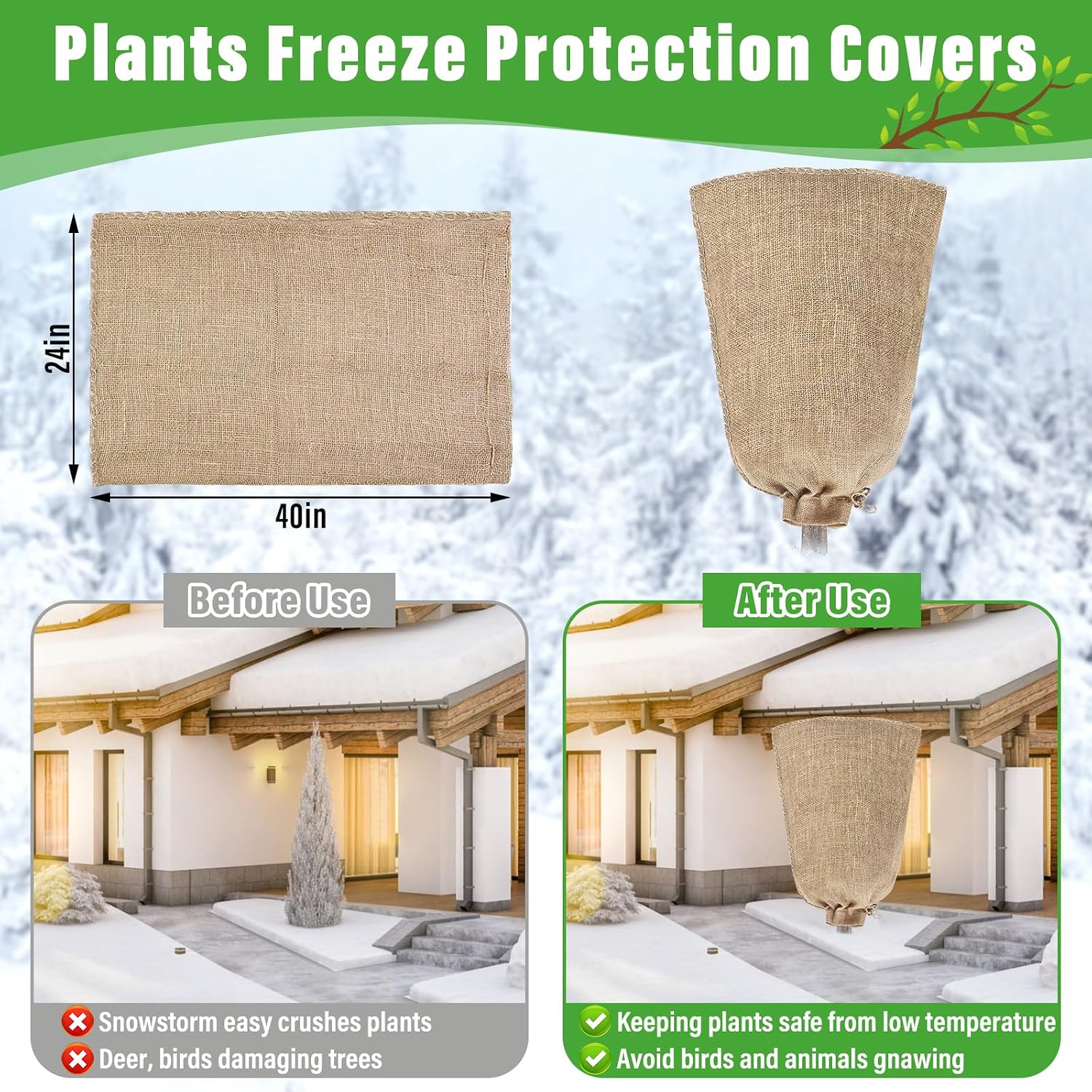Riare 4 Packs 24 × 40 Inch Large Winter Plant Cover Bags with Drawstring
