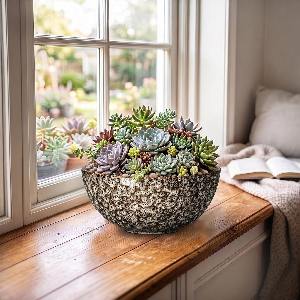 Bowl Planter, 8 Inch Ceramic Succulent Pots, White Leopard | Round Bonsai Pots for Indoor Plants Outdoor, Flower Bowl