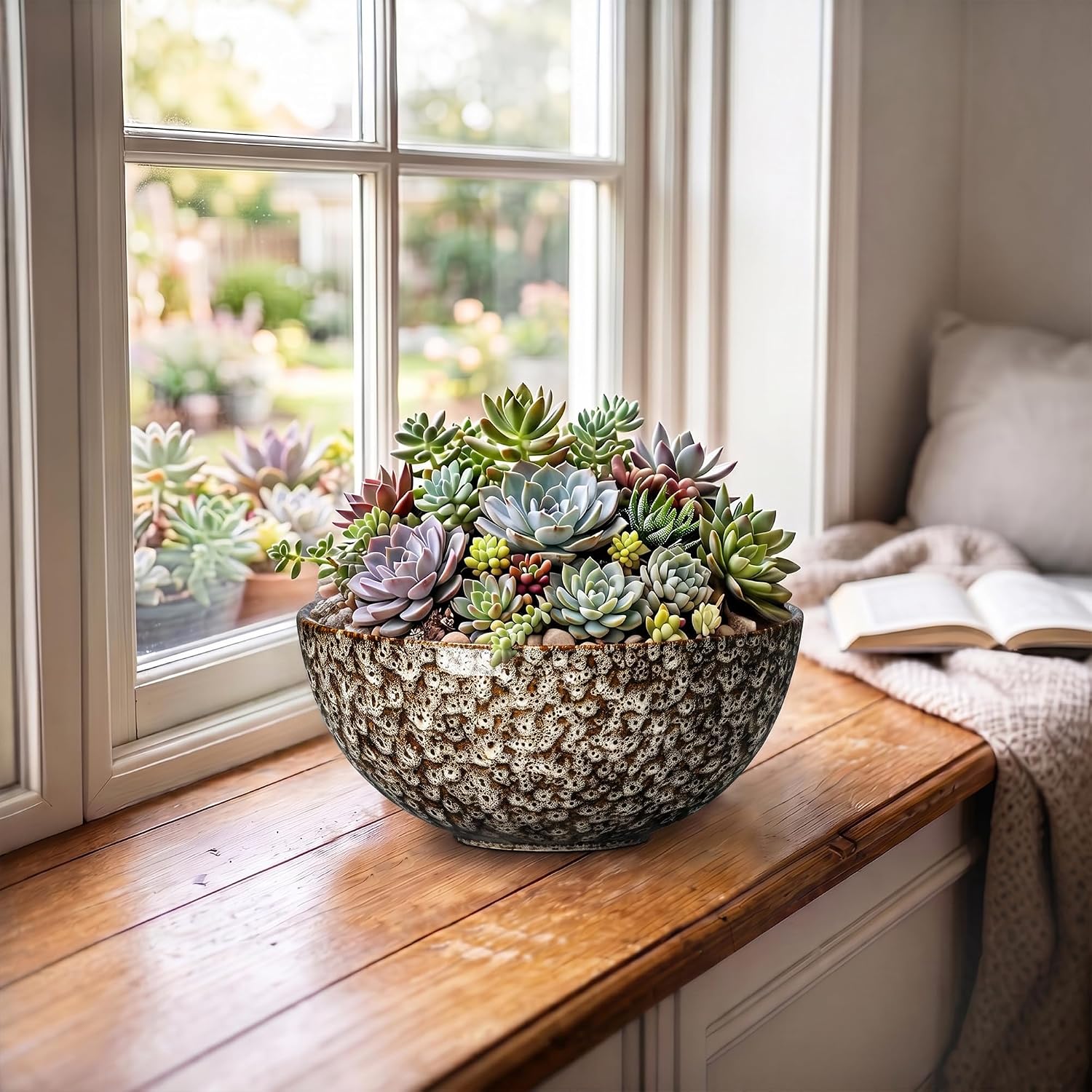 Bowl Planter, 8 Inch Ceramic Succulent Pots, White Leopard | Round Bonsai Pots for Indoor Plants Outdoor, Flower Bowl