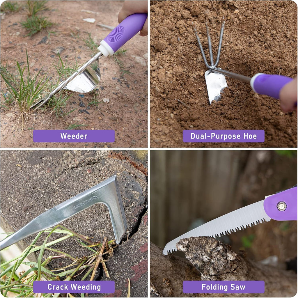 Purple Garden Tool Set Gardening Items for Women - 11PCS Heavy Duty Garden Tools with Detachable Storage Bag, Weeder