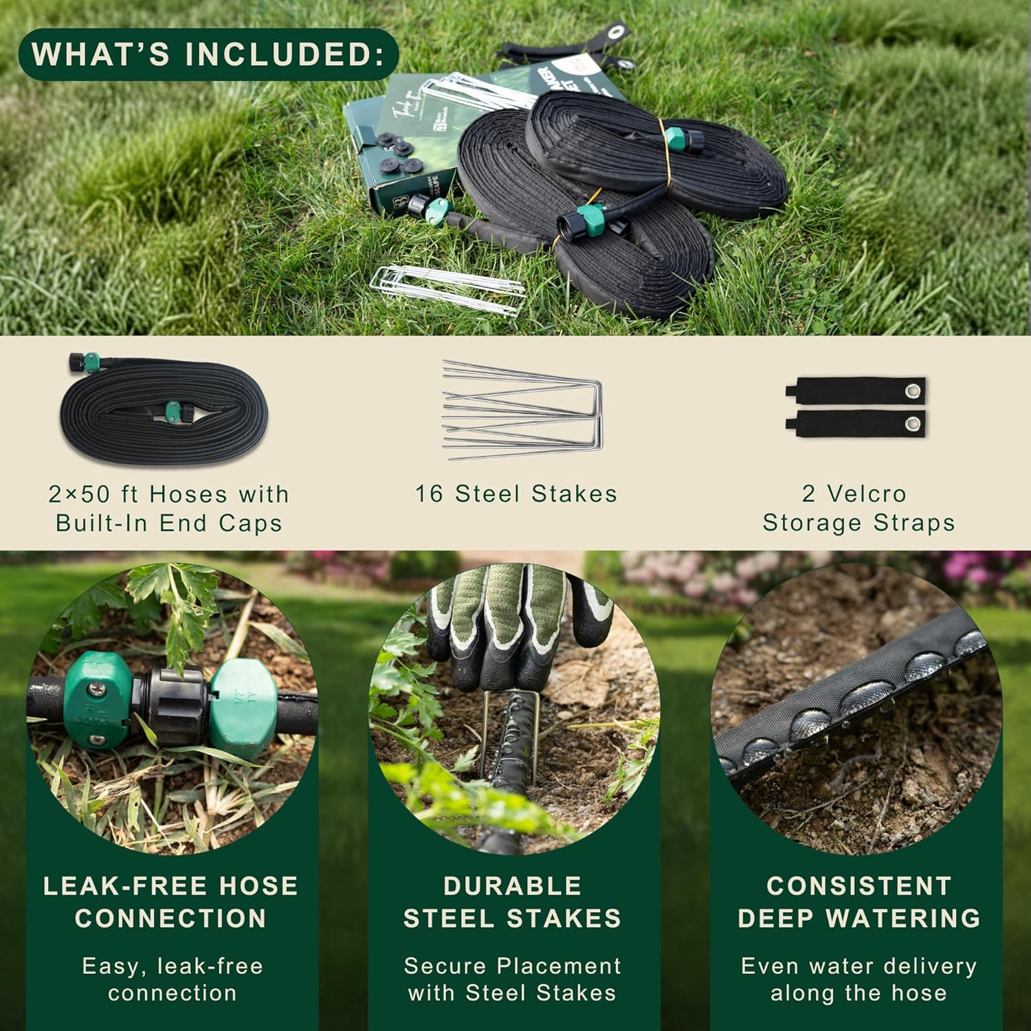 100 FT Flat Soaker Hose (2 x 50 FT) – Drip Irrigation for Garden Beds, Raised Beds & Landscaping – Kink-Resistant, Even